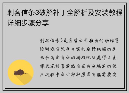 刺客信条3破解补丁全解析及安装教程详细步骤分享